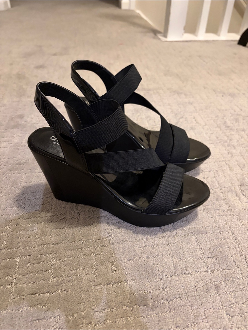 Charles David Black Elastic Strap Wedge Sandals